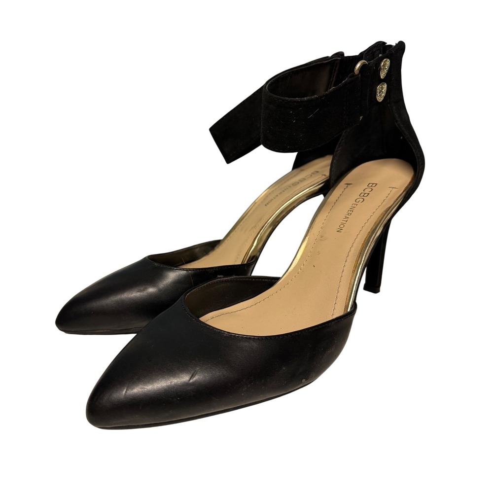 BCBGeneration Black Leather Ankle Strap Pointed Toe Pumps Gold Accents Size 6.5M
